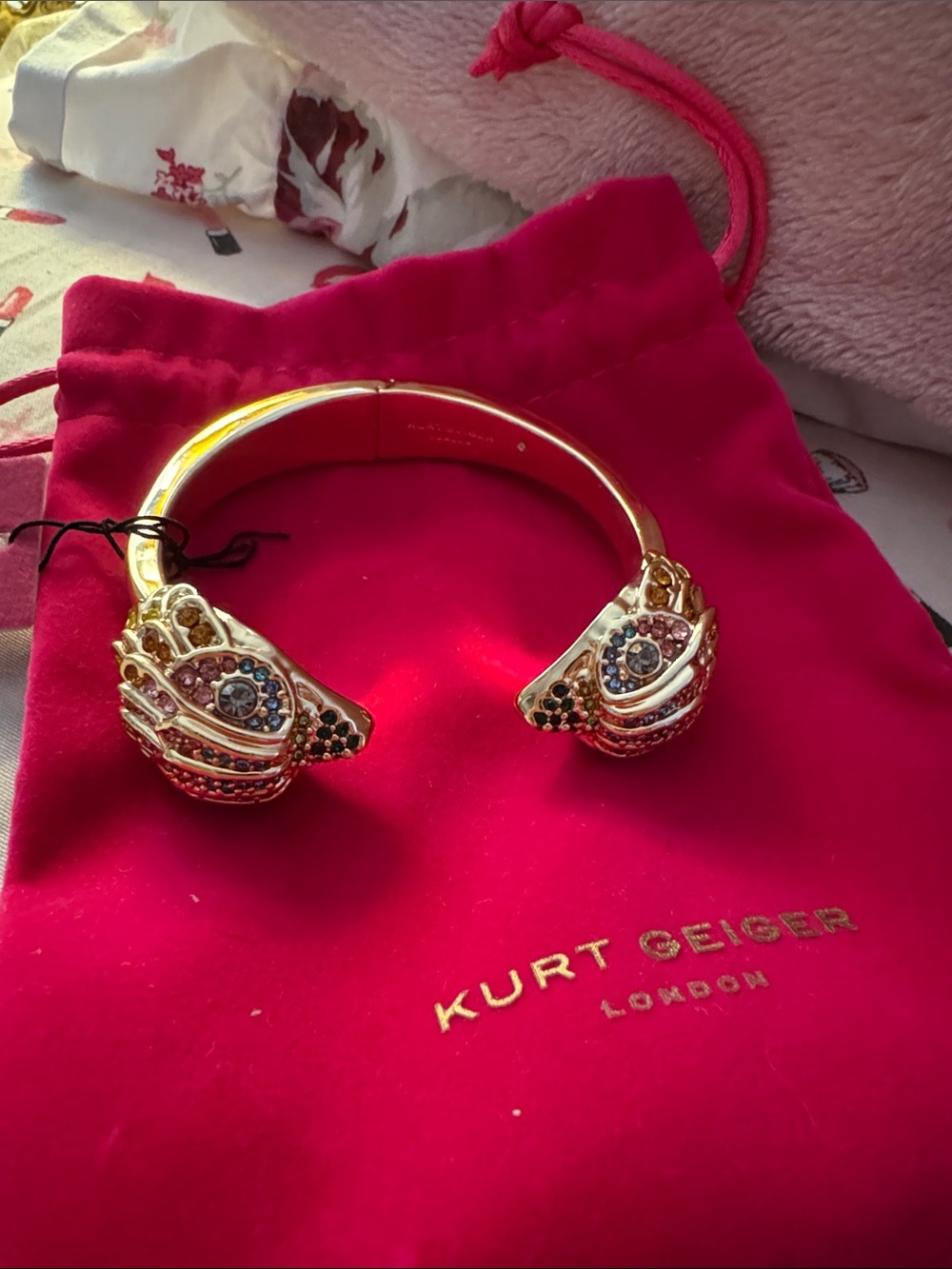 Kurt Geiger Gold-Tone Double Snake Head Crystal Cuff Bracelet NWT And Dusty